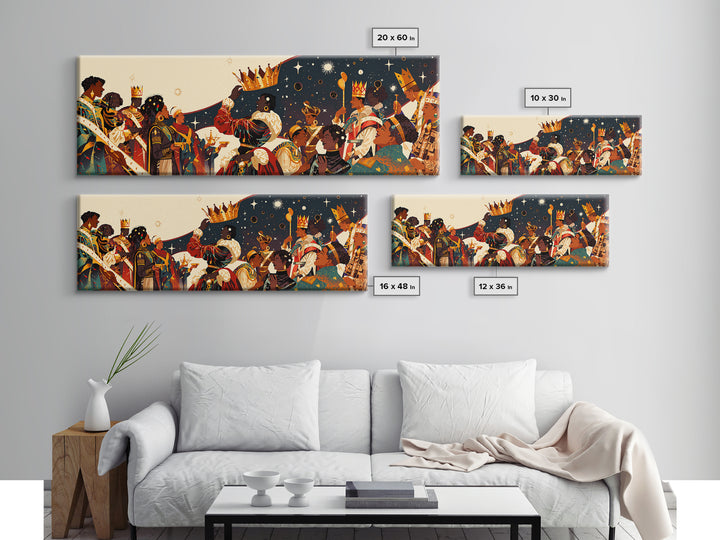Royal African Celebration Under Stars Wall Art, Afrocentric Crown Ceremony, Black Culture Art, Panoramic Living Room Decor