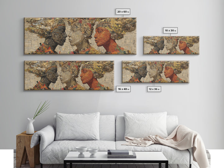 Textured African Women Profiles Framed Canvas Print, Earth Tone Black Female Art, Elegant Afrocentric Wall Decor Portrait Gift