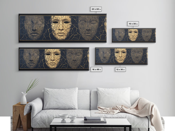 Gold And Black Ancient Mask Triptych Wall Art, Cracked Texture Faces, African Tribal Decor, Dramatic Cultural Canvas Gift
