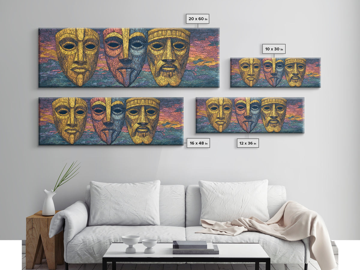 Three Golden African Masks Wall Art, Tribal Mask Canvas Print, Afrocentric Decor, Cultural Home Decor, Bold Statement Piece