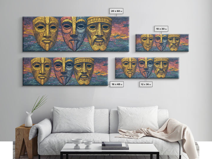 Three Golden African Masks Wall Art, Tribal Mask Canvas Print, Afrocentric Decor, Cultural Home Decor, Bold Statement Piece
