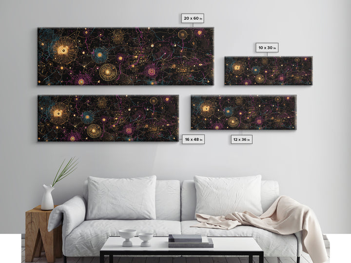 Gold And Magenta Galaxy Constellation Wall Art, Celestial Canvas Print, Modern Black Art, Vibrant Wall Decor, Mystical Art