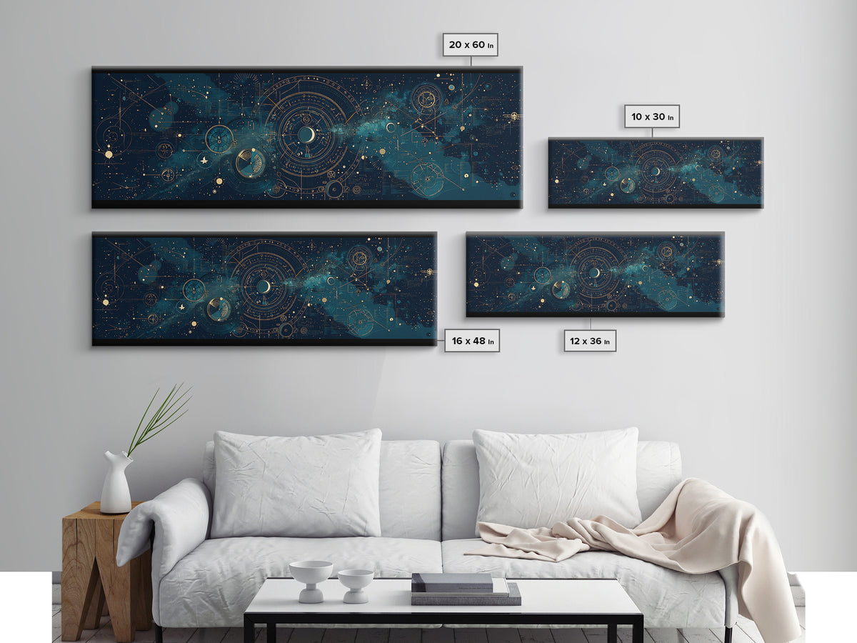 Teal Galactic Blueprint Astrolabe Framed Canvas Print, Geometric Wall Art, Modern Canvas Art, Celestial Office Decor, Unique Home Decor