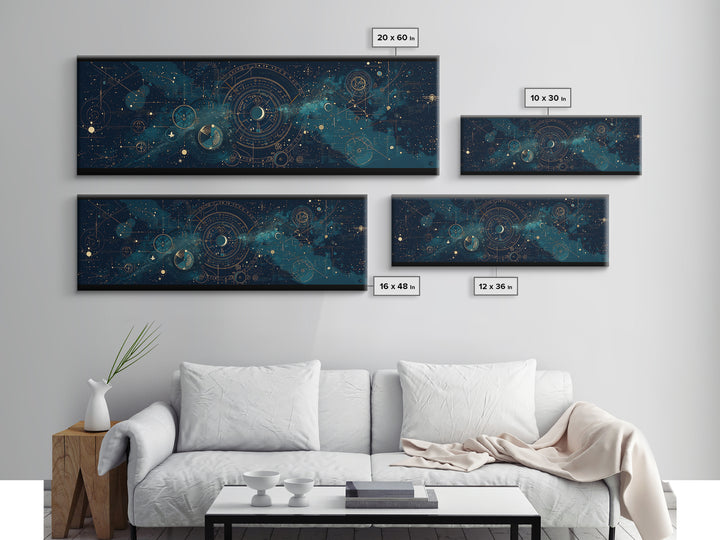 Teal Galactic Blueprint Astrolabe Framed Canvas Print, Geometric Wall Art, Modern Canvas Art, Celestial Office Decor, Unique Home Decor