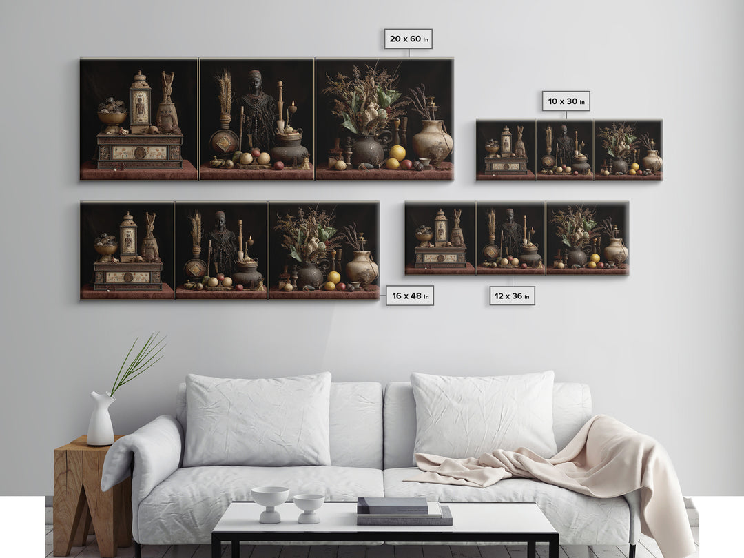 African Statue Still Life Triptych Canvas Print, Tribal Art Decor, Rustic Vessels Fruit And Botanicals, Elegant Home Decor