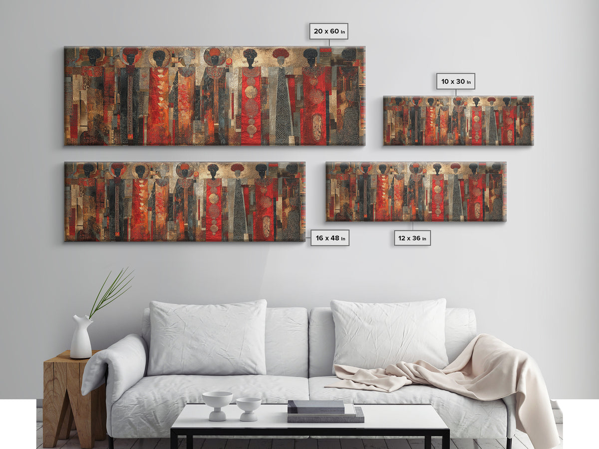 Abstract African Women In Red Patterned Dresses Wall Art, Black Women Art, Afrocentric Decor, Cultural Canvas Print For Living Room