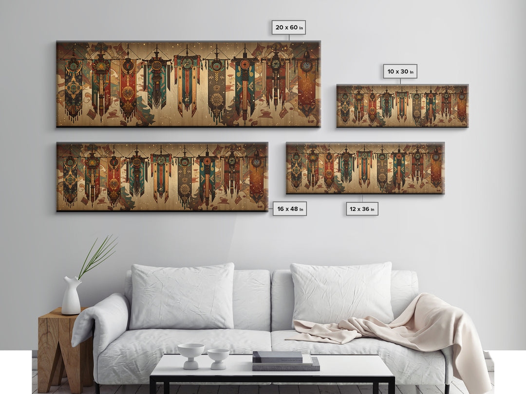 African Tribal Hanging Banners With Symbols Framed Canvas Print, Ethnic Wall Decor, Boho Patterns, Cultural Home Decor For Living Room