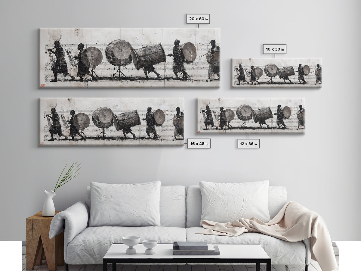 Monochrome African Drummers Wall Art, Tribal Music Procession Canvas Print, Cultural Black Art For Home Office Decor Gift
