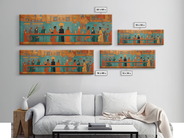 Turquoise Orange Social Gathering Wall Art, African Lounge Scene Canvas Print, Modern Afrocentric Decor For Home And Office