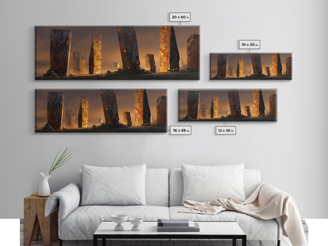 Glowing Ancient Monoliths In Desert Sunset Framed Canvas Print, Mystical Wall Art, Fantasy Ruins Decor, Large Wall Decor