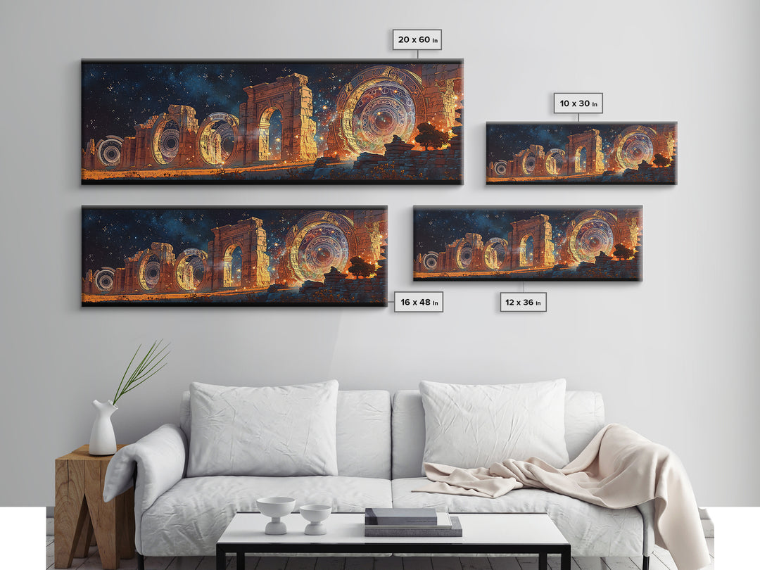 Starlit Ancient Arches With Cosmic Portals Framed Canvas Print, Mystical Wall Art, Galaxy Ruins Decor, Large Wall Art, Unique Home Decor
