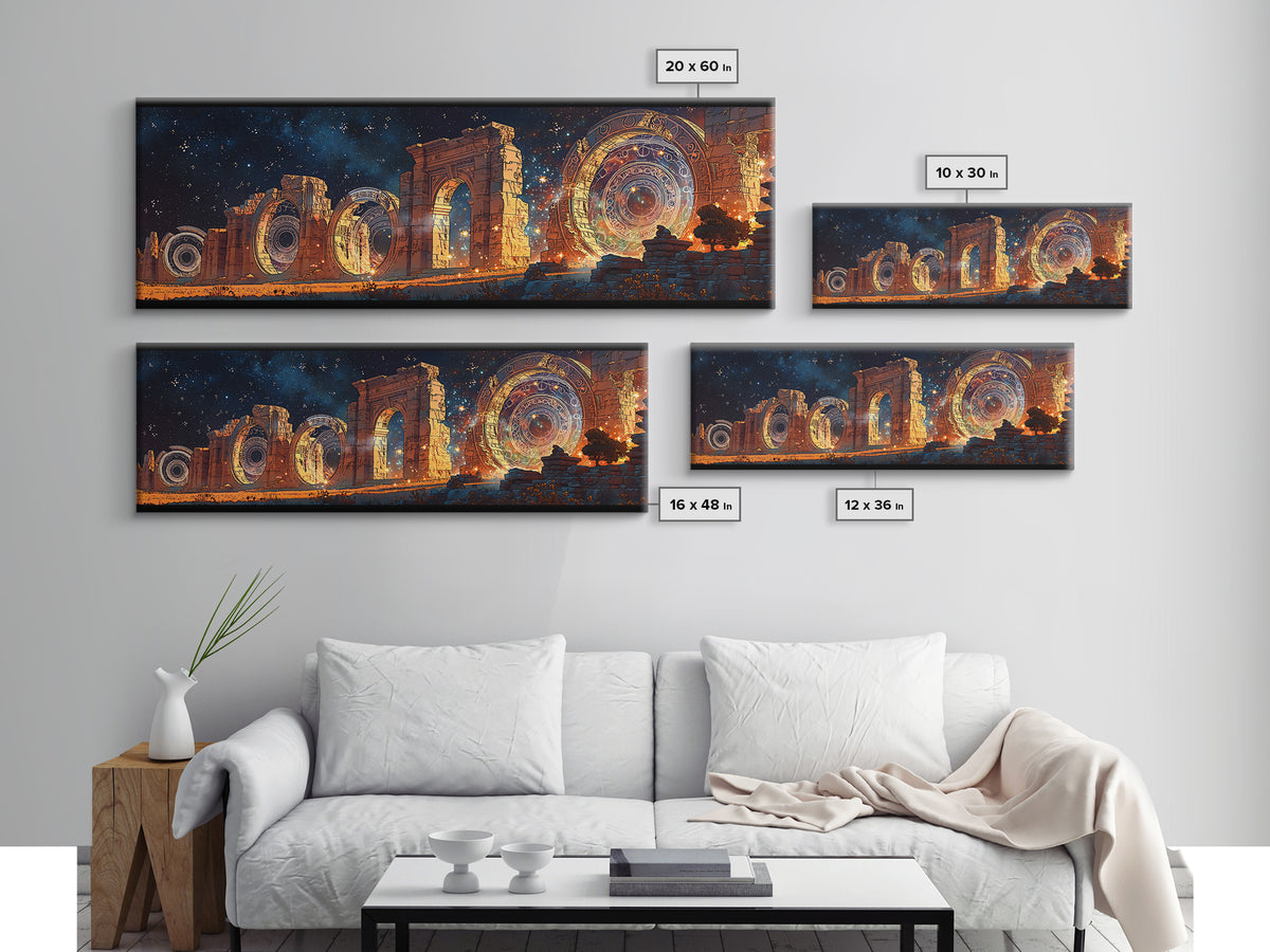 Starlit Ancient Arches With Cosmic Portals Framed Canvas Print, Mystical Wall Art, Galaxy Ruins Decor, Large Wall Art, Unique Home Decor