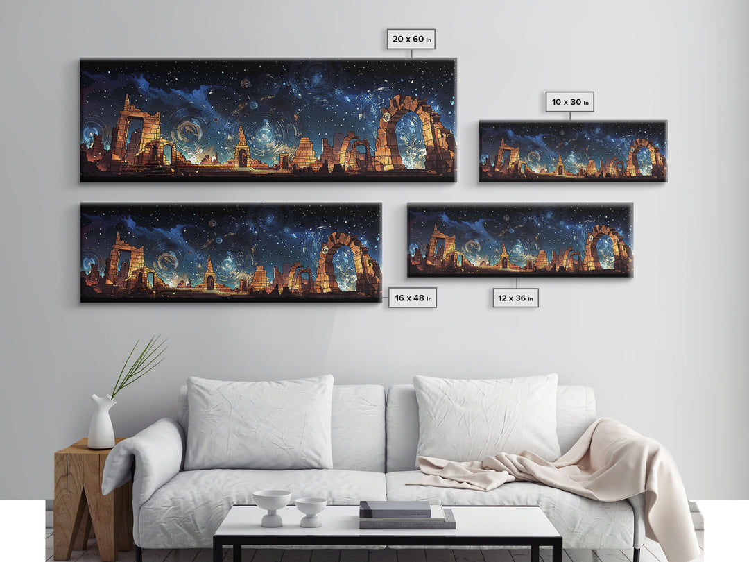 Starry Temple Ruins With Blue Gold Celestial Sky Wall Art, Framed Canvas Print, Mystical Decor, Large Statement Wall Decor