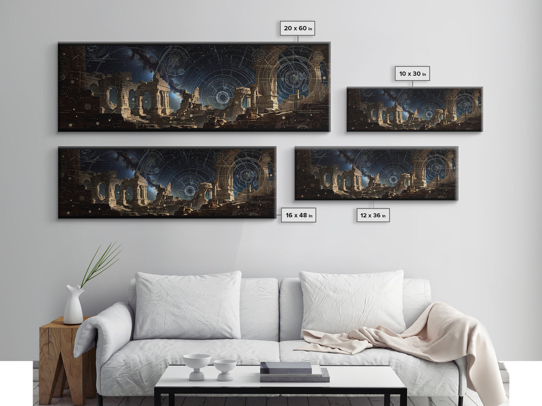Dark Celestial Ruins With Ancient Arches Wall Art, Framed Canvas Print, Mystical Gothic Decor, Large Statement Wall Decor