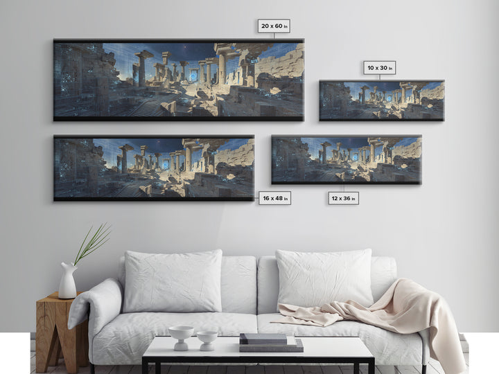 Blue Futuristic Column Ruins With Digital Grid Canvas Print, Modern Wall Art, Sci Fi Office Decor, Large Wall Decor, Unique Home Decor