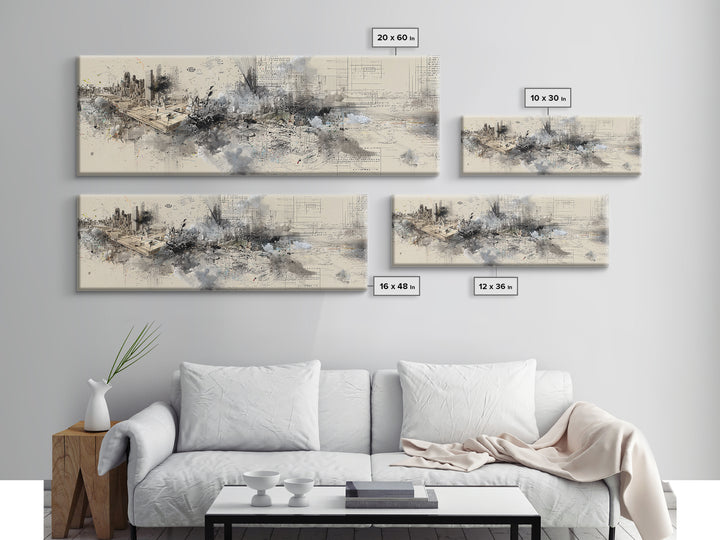 Modern Urban Skyline Wall Art, Abstract Architecture Drawing, Contemporary Office Decor, Neutral City Canvas Print Gift For Loft