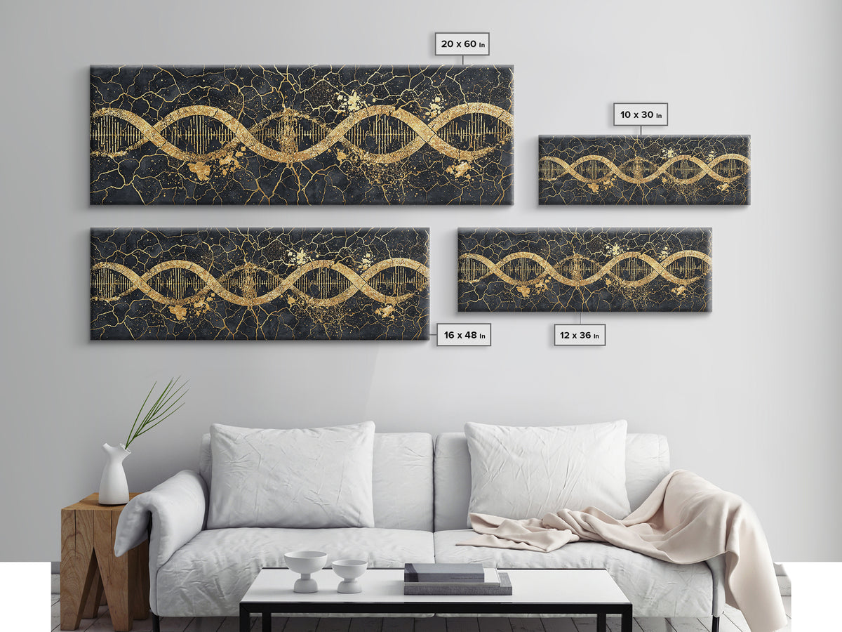 Gold DNA Helix Wall Art, Abstract Luxury Science Canvas Print, Black And Gold Design, Modern Office Decor For Biology Gift