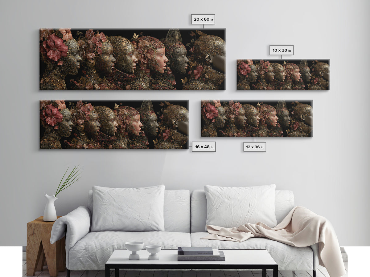Black Goddess Floral Portrait Wall Art, Elegant Women Canvas Print, Afrocentric Luxury Decor, Dark Botanical Gift For Her