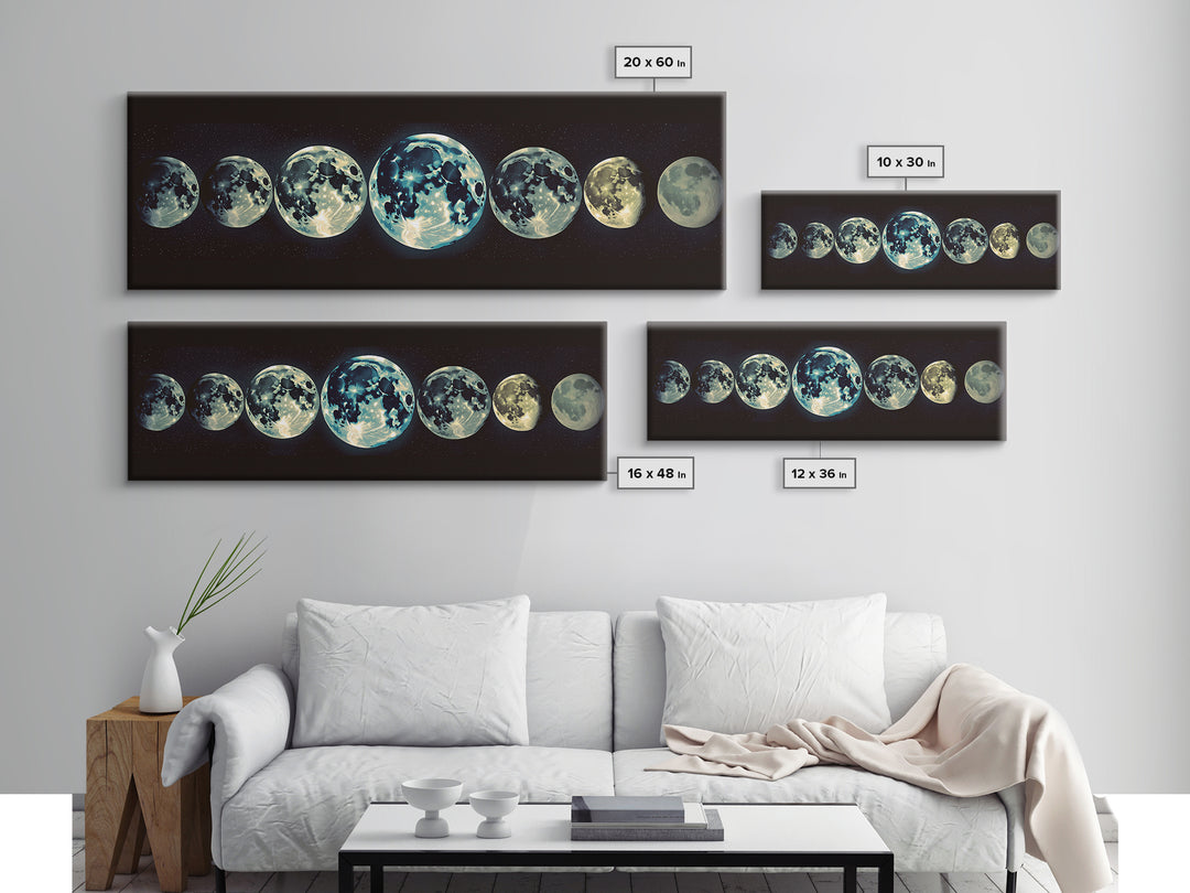 Glowing Moon Phases Canvas Print, Celestial Wall Art, Black Art Print, Dreamy Wall Art, Bedroom Wall Decor, Unique Gift, Poster