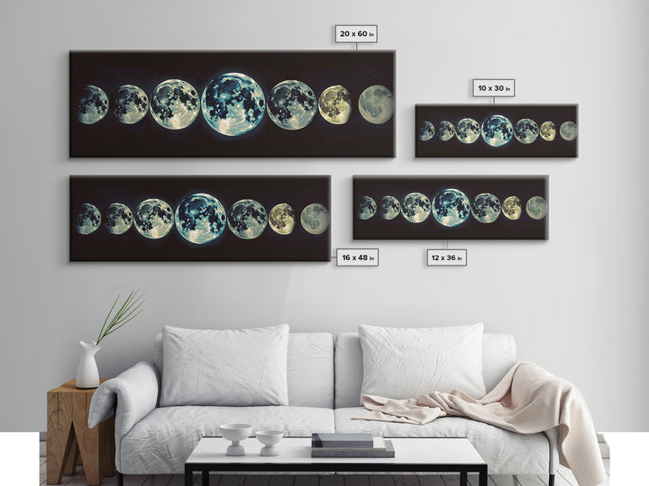 Glowing Moon Phases Canvas Print, Celestial Wall Art, Black Art Print, Dreamy Wall Art, Bedroom Wall Decor, Unique Gift, Poster