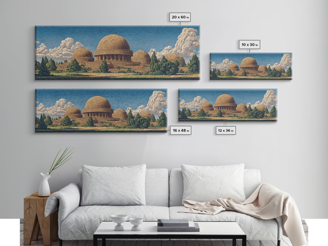 Afrofuturist Domed Village Mountains Wall Art, African Inspired Architecture Canvas Print, Teal Landscape Home Decor Gift