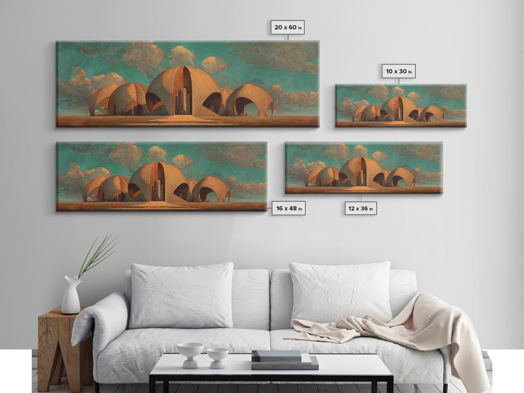 Desert Earthen Dome Sanctuary Framed Canvas Print, African Inspired Architecture Wall Art, Boho Earth Tone Home Decor Gift