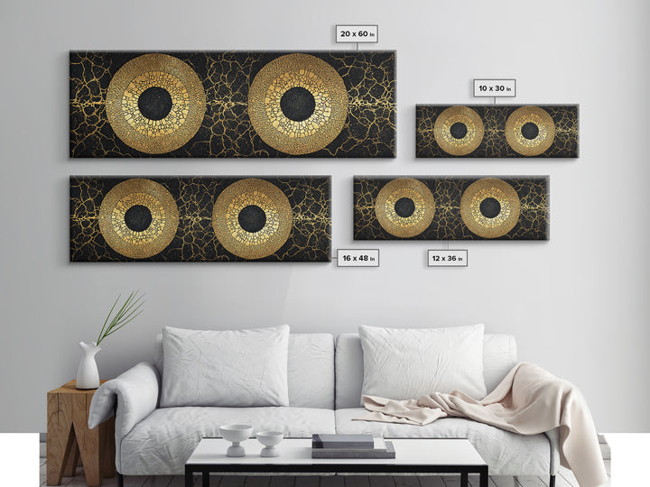Twin Gold Mosaic Circles Wall Art, African Abstract Art, Black And Gold Canvas Print, Geometric Statement Living Room Decor