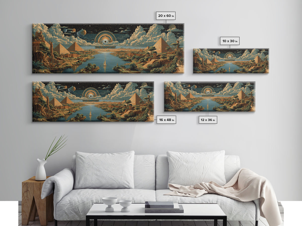 Surreal Egyptian Pyramids And Cosmic Eye Canvas Print African Landscape Art Ancient Egypt Wall Decor Mystical Travel Poster
