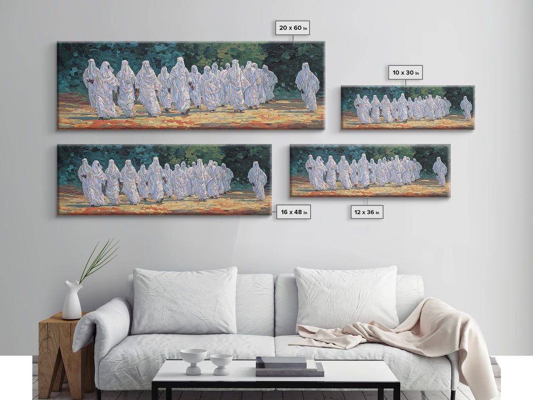 White Robed Desert Procession Wall Art African Painting Spiritual Wall Decor Textured Canvas Art Cultural Landscape Print
