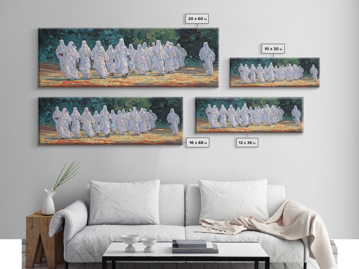 White Robed Desert Procession Wall Art African Painting Spiritual Wall Decor Textured Canvas Art Cultural Landscape Print