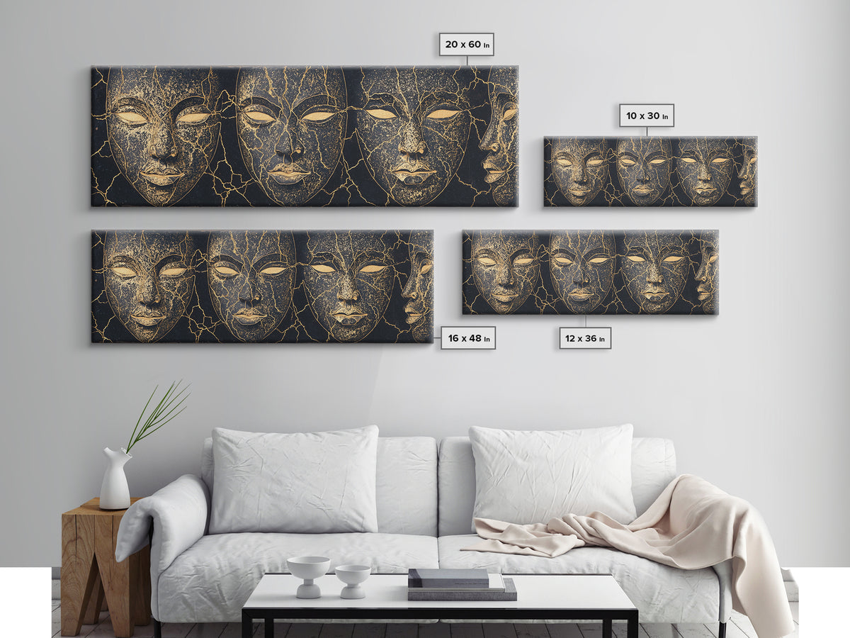 Black And Gold Cracked Mask Faces Framed Canvas Print, African Tribal Art, Elegant Afrocentric Wall Decor, Luxury Home Decor