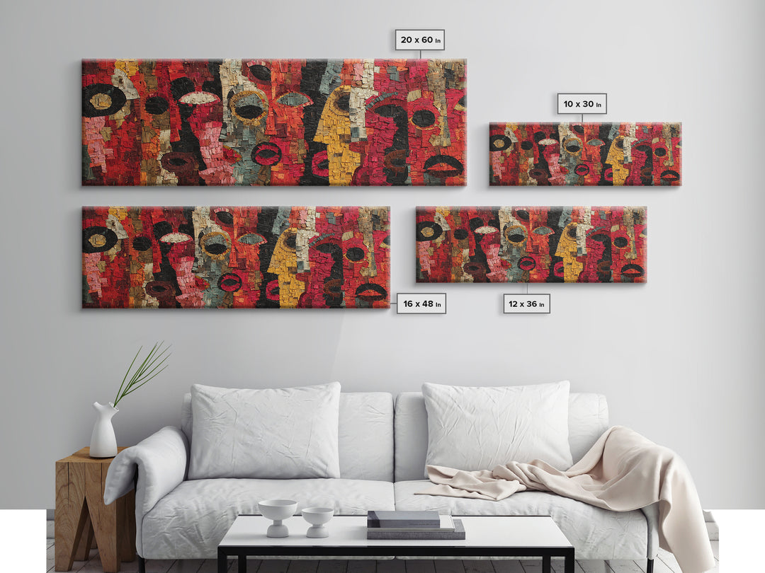 Red Mosaic Tribal Mask Faces Wall Art, Abstract African Art Decor, Bold Cultural Canvas Print, Vibrant Ethnic Home Decor