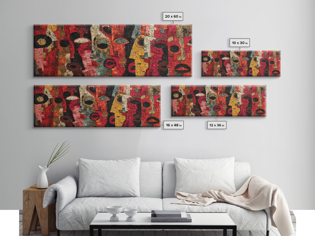Red Mosaic Tribal Mask Faces Wall Art, Abstract African Art Decor, Bold Cultural Canvas Print, Vibrant Ethnic Home Decor