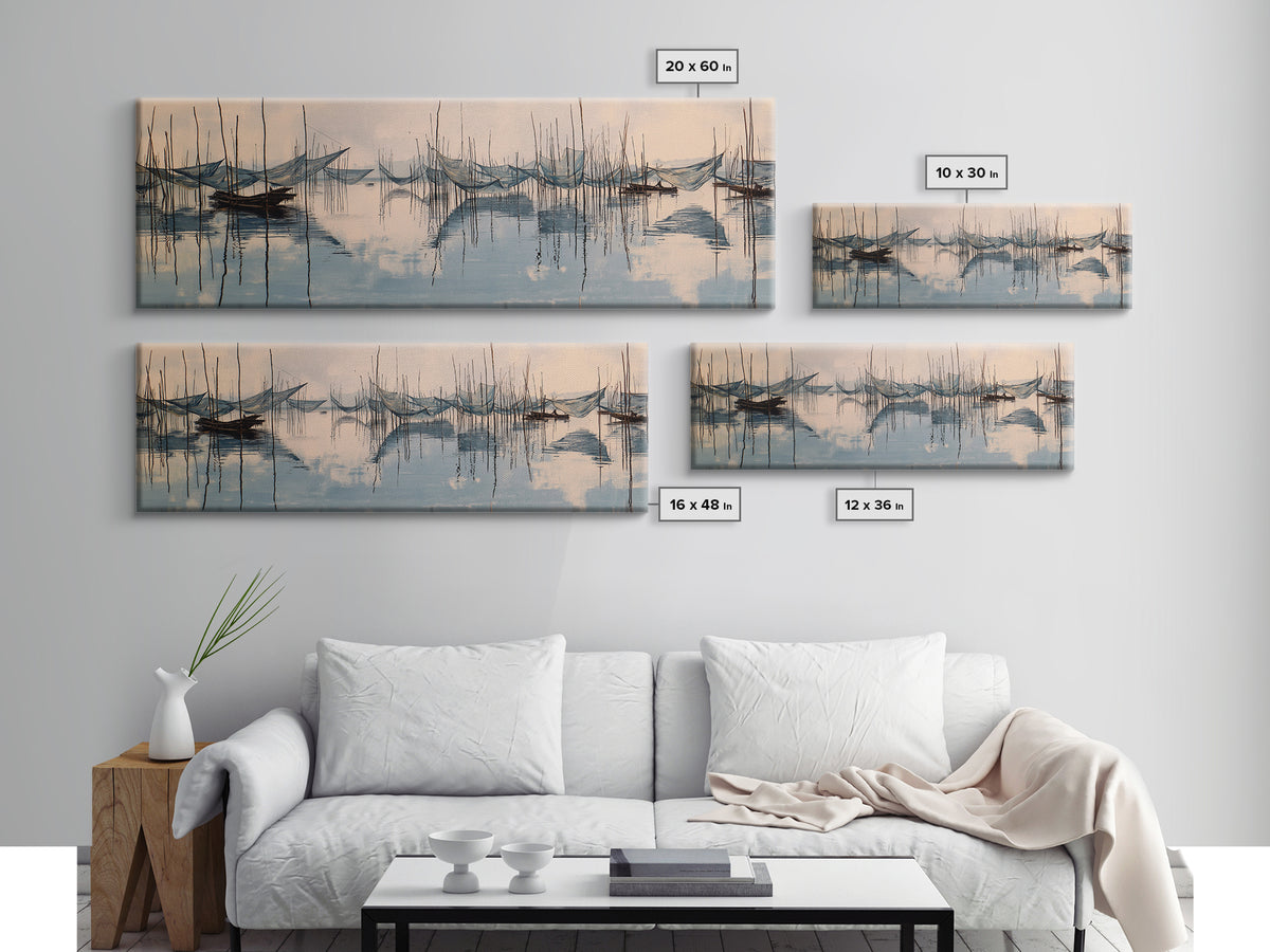 Misty African Fishing Boats On Calm Water Canvas Print, Minimalist Blue Wall Art, Serene Landscape Decor, Peaceful Home Gift