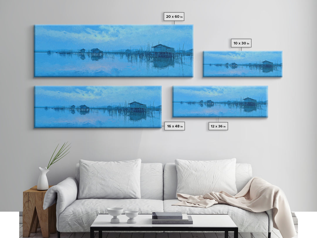 Blue Stilt Village Over Water Framed Canvas Print, Minimalist African Landscape Wall Art, Coastal Home Decor, Serene Gift
