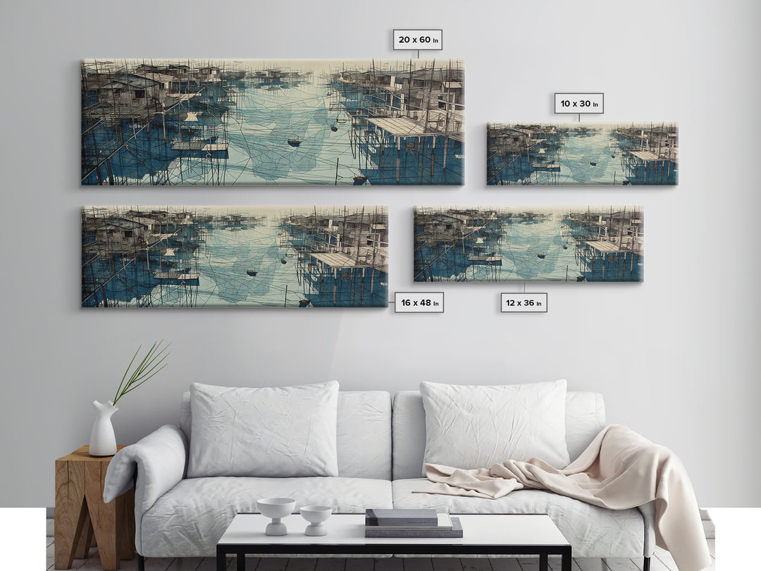 Rustic Stilt Fishing Village Harbor Wall Art, Blue Coastal Landscape Canvas Print, Nautical Decor, Large Living Room Art