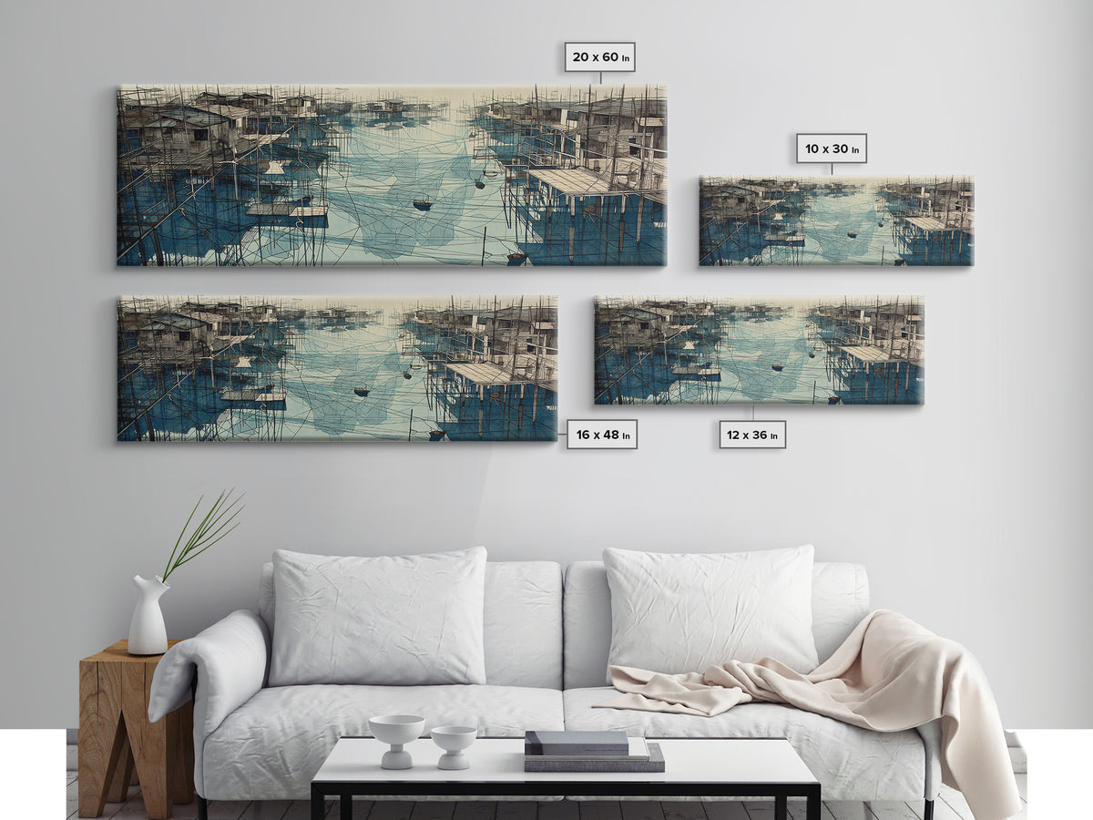 Rustic Stilt Fishing Village Harbor Wall Art, Blue Coastal Landscape Canvas Print, Nautical Decor, Large Living Room Art