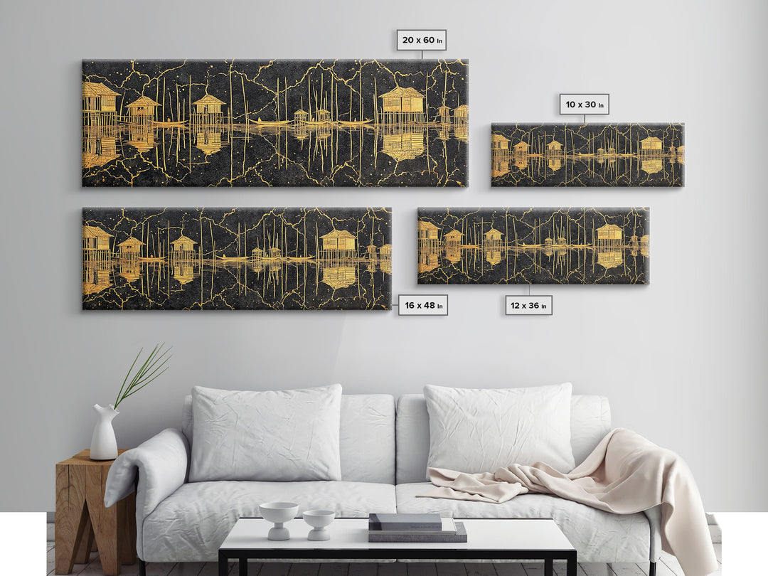 Gold Stilt Hut Reflections On Black Wall Art, Abstract Coastal Canvas Print, Luxury Modern Decor, Statement Living Room Art