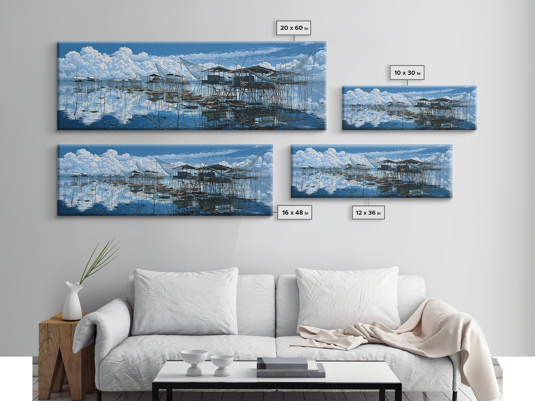 Blue Stilt Fishing Village Panorama Wall Art, Coastal Canvas Print, Bright Seascape Decor, Large Nautical Living Room Art