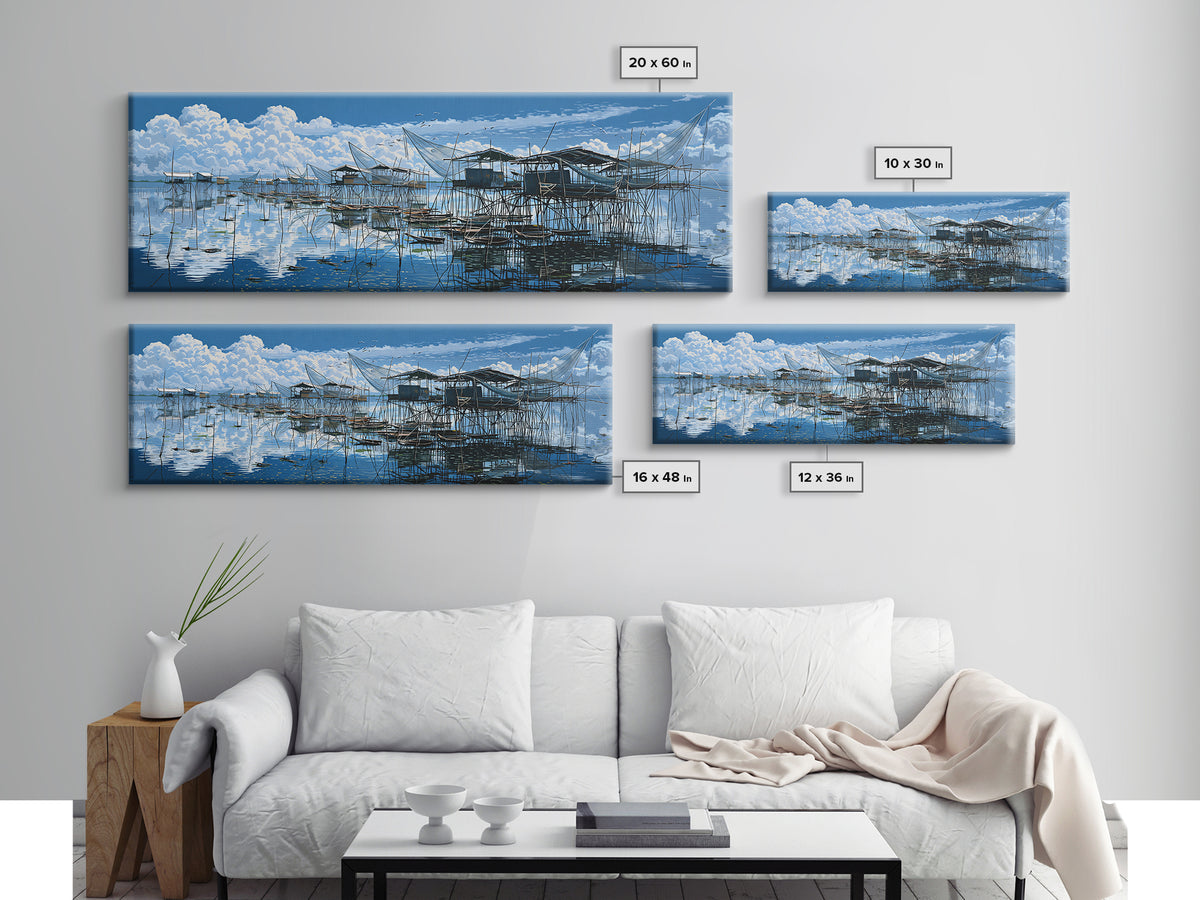 Blue Stilt Fishing Village Panorama Wall Art, Coastal Canvas Print, Bright Seascape Decor, Large Nautical Living Room Art