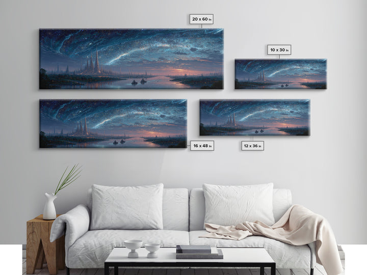 Starry Night River City Skyline Wall Art, Blue Fantasy Canvas Print, Dreamy Galaxy Decor, Large Modern Living Room Art Print
