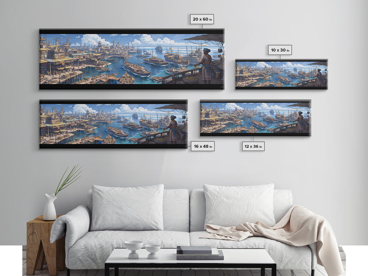 Busting Coastal Canal Market Panorama Wall Art, Blue Harbor Canvas Print, Mediterranean Style Decor, Large Living Room Art