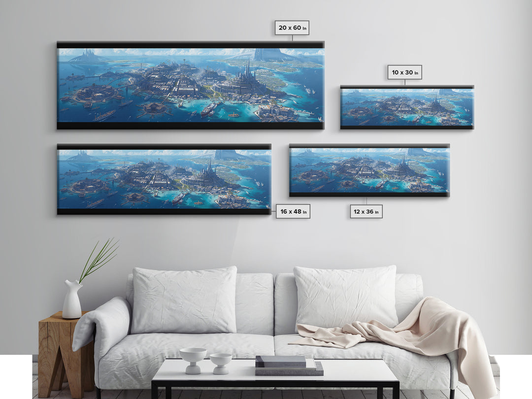 Futuristic Island Harbor City Aerial Wall Art, Turquoise Canvas Print, Epic Coastal Landscape Decor, Large Modern Wall Art