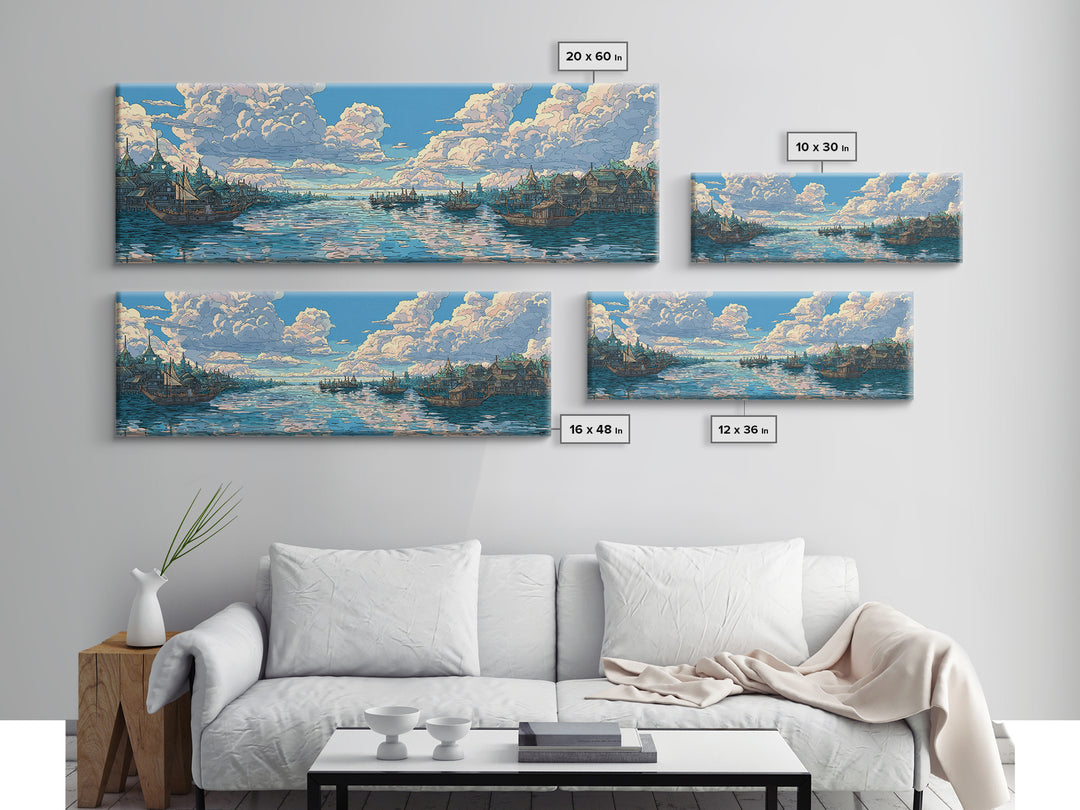 Cloud Filled Harbor Village And Calm Sea Wall Art, Pastel Blue Canvas Print, Coastal Home Decor, Large Living Room Art Print
