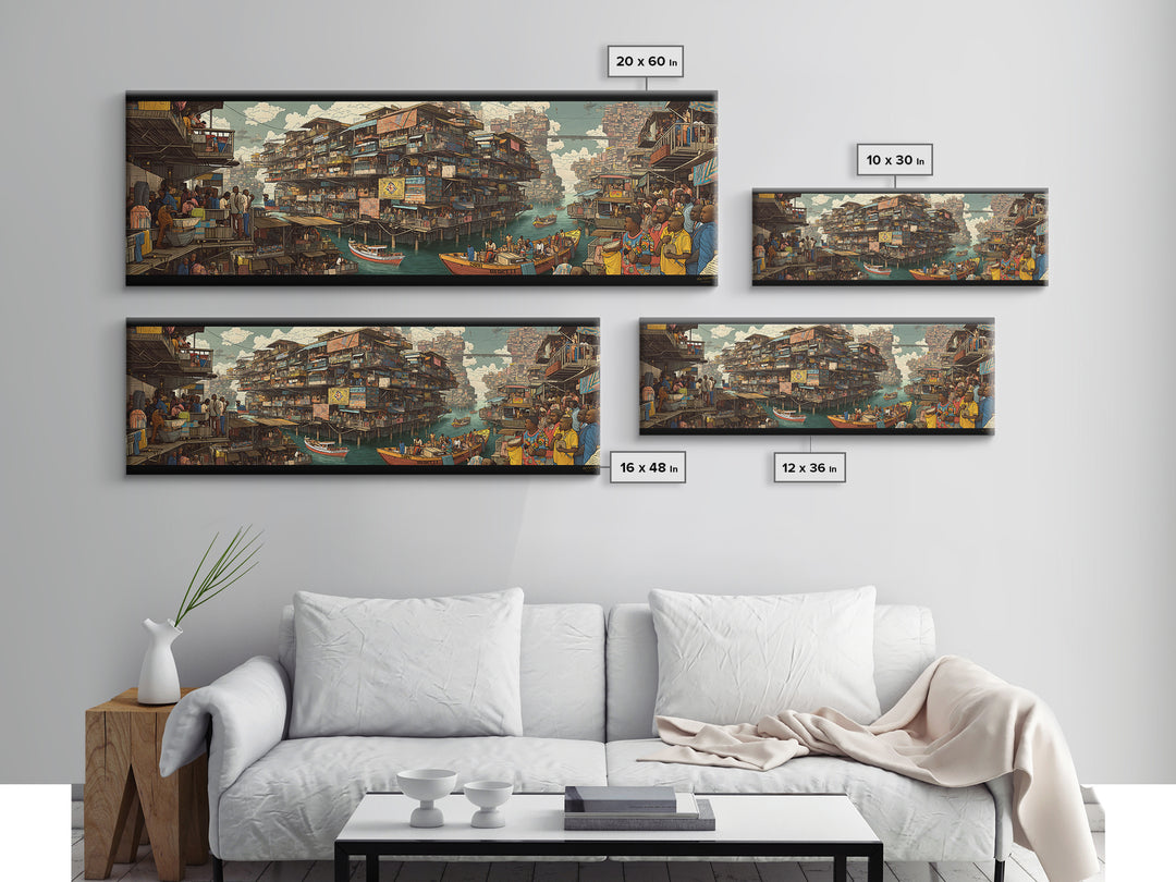 Vibrant Floating African Canal City Wall Art, Afrocentric Market Boats, Cultural Waterfront Decor, Panoramic Canvas Print