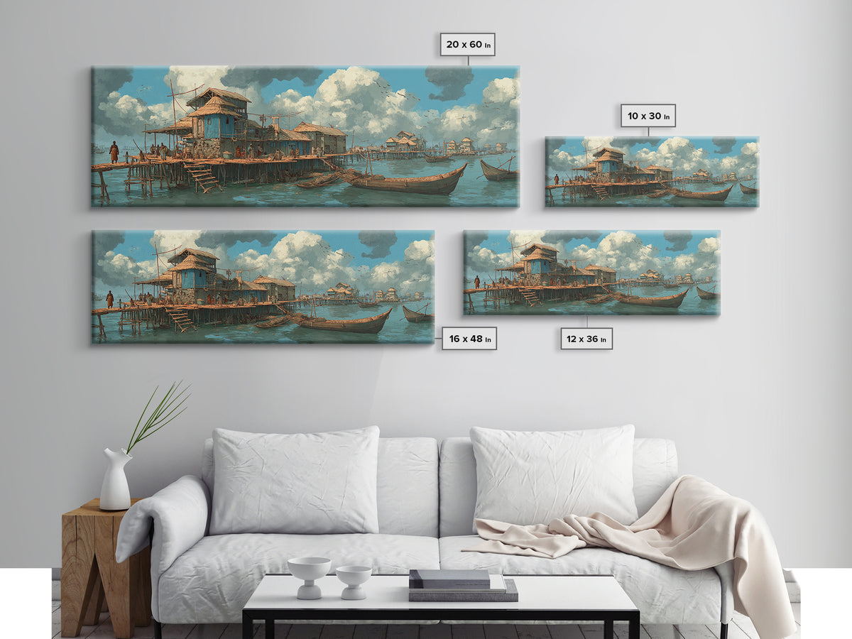 Serene African Stilt Fishing Village Canvas Print, Lagoon Boats, Coastal Culture Wall Decor, Peaceful Blue Water Panoramic Art