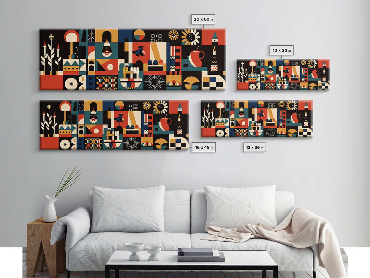 Modern Abstract African Symbols Wall Art, Geometric Masks, Tribal Patterns, Orange Black Afrocentric Canvas Print Home Decor