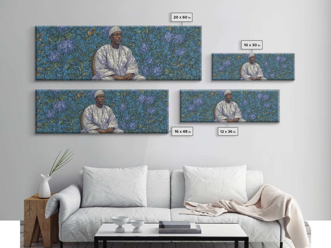Contemplative African Man Floral Portrait Wall Art, Blue Botanical Pattern, Cultural Framed Canvas Print, Elegant Home Decor