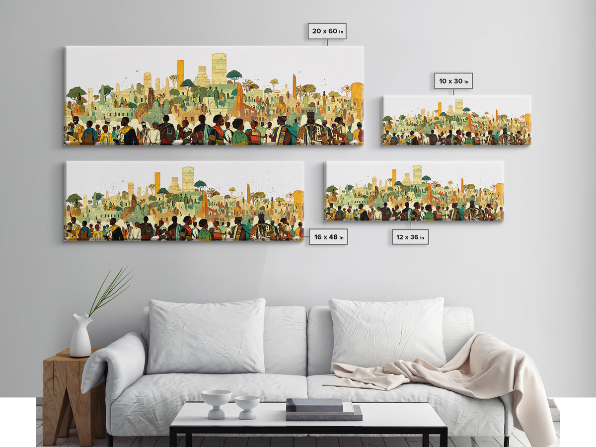 Afrofuturist African City Crowd With Skyline Wall Art, Modern African Art Print, Black Culture Decor, Urban Living Room Gift