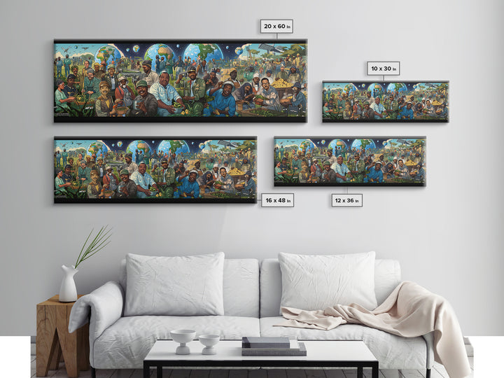 Joyful African Community Feast With Globes Canvas Print, Afrocentric Wall Art, Black Culture Decor, Food Market Kitchen Gift